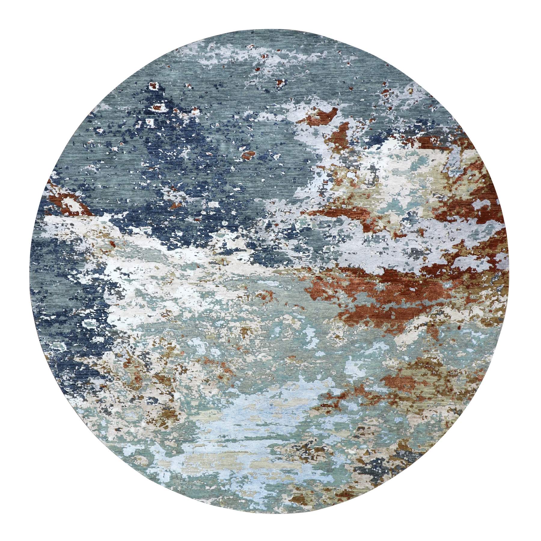 Misty Gray with Rust, Persian Knot, Abstract with Galaxy Design, 100% Wool, Hand Knotted, Densely Woven, Round, Oriental Rug
